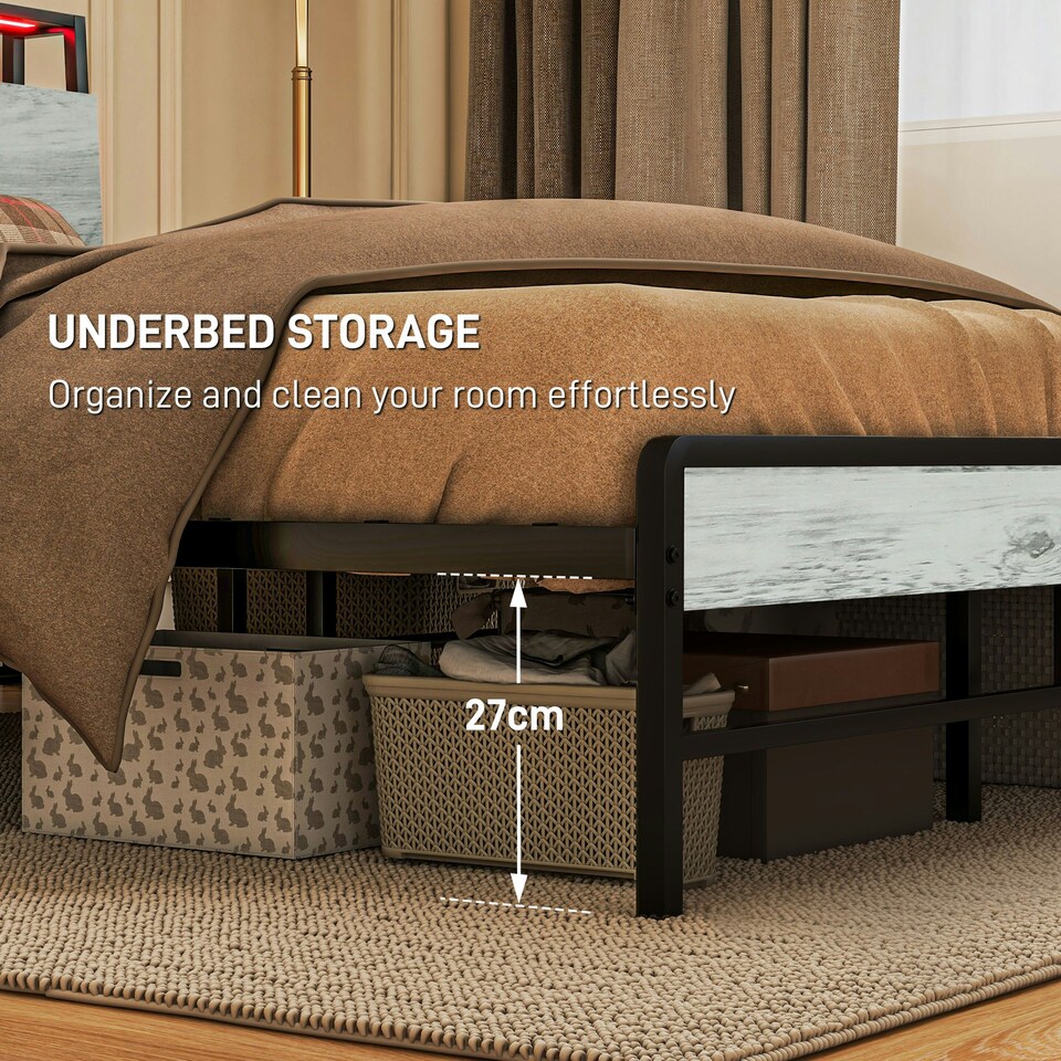 image 1 of HOMCOM LED Single Bed Frame with Charging Station, 90 x 190cm, Cement Grey