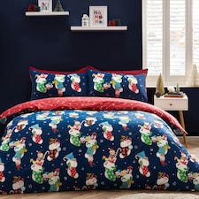 Catherine Lansfield Christmas Elves Cotton Rich Duvet Cover Set Navy Blue Blue | Navy Blue | Double