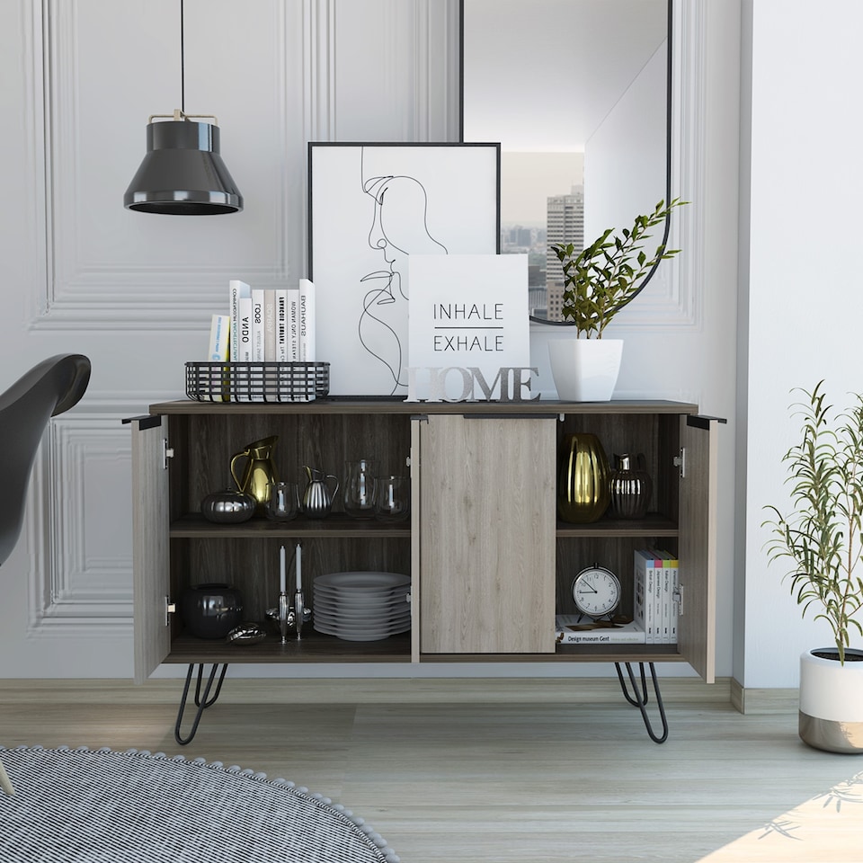 image 1 of Nevada Large Sideboard in Smoked Oak with 4 Doors - Contrasting Bleached Grey Oak and Black Hairpin Legs | Brown | Brown | One Size | 1