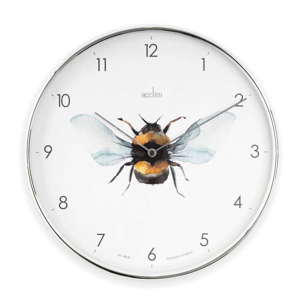 image 1 of Acctim Bee Wall Clock Quartz Chrome Effect Foil Embossed Arabic Dial 30cm Chrome | White