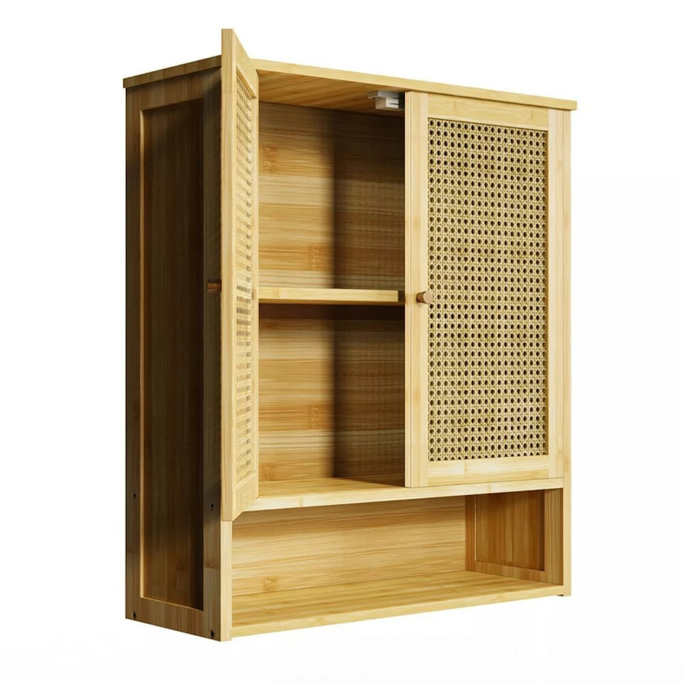 image 1 of Wooden Bathroom Wall-Mounted Storage Cabinet Organiser Natural Brown Brown