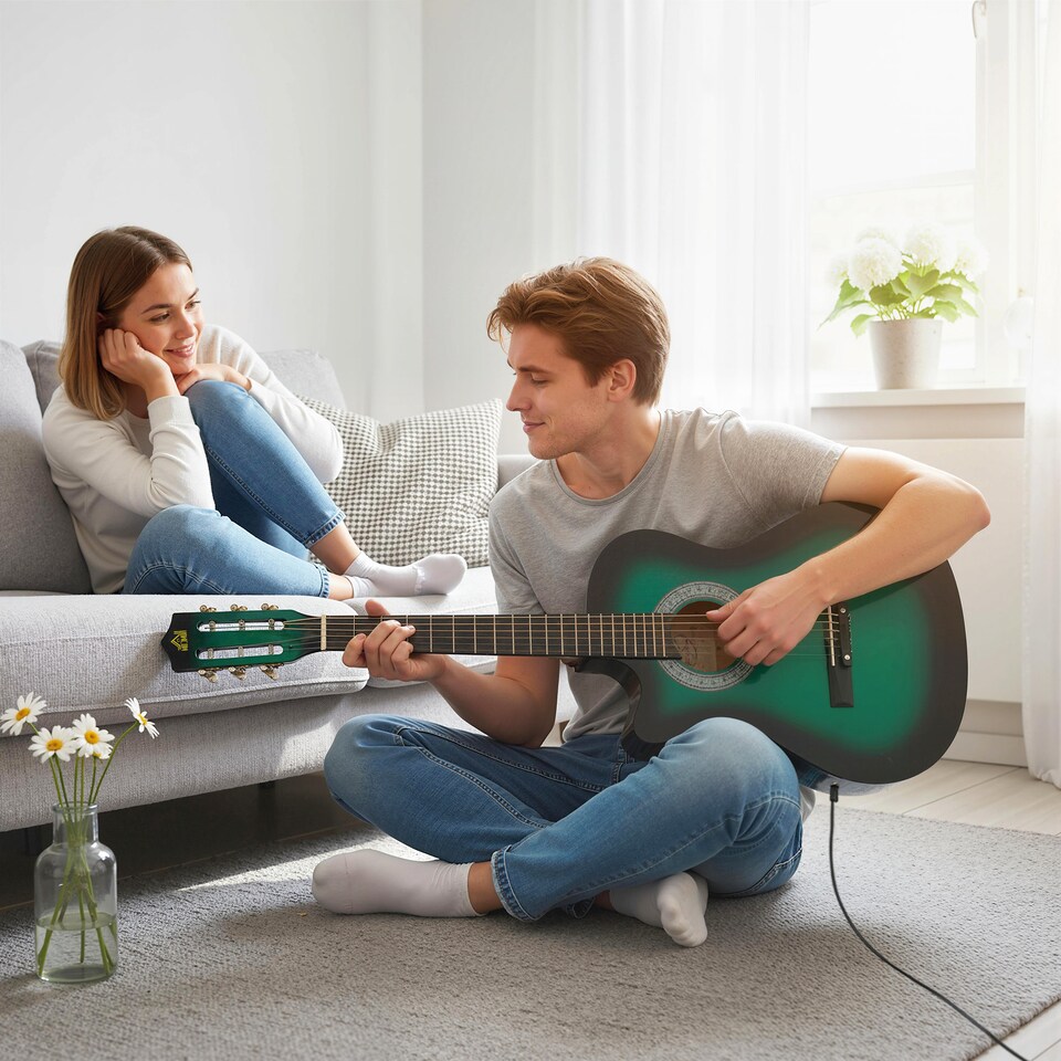 image 1 of HOMCOM Beginner Acoustic Electric Cutaway Guitar Adult Junior Guitar, Green | Green | Dark Green | 38 inch