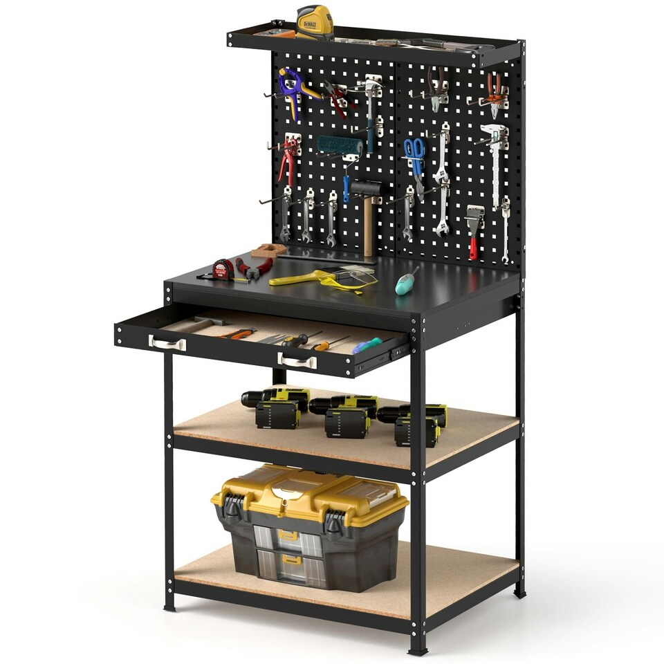 image 1 of COSTWAY Workbench 290KG Work Table w/2 PCS Pegboard-Black