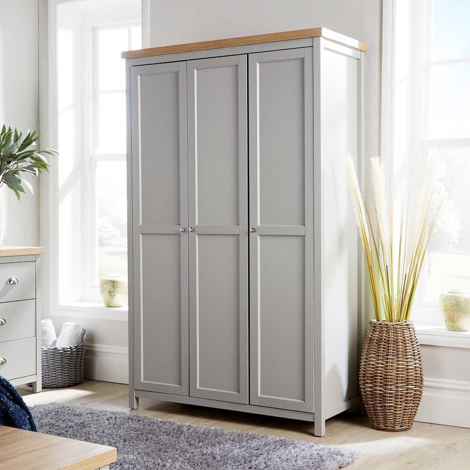 image 1 of Wardrobe 2 or 3 Door Two Tone Oak Top Wooden Hanging Rail Storage Shelves | Grey