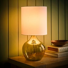 ValueLights Emily Natural Linen Drum Shade Dark Green Glass Teardrop Table Lamp Green