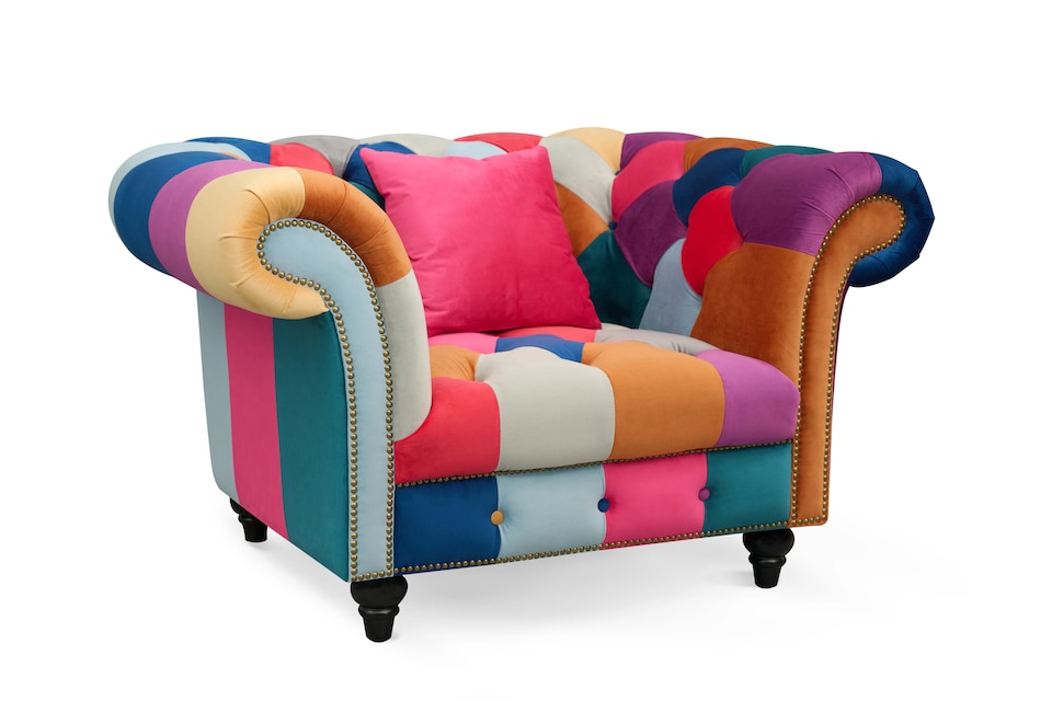 image 1 of Multicoloured Velvet Patchwork 1 Seater Scroll Arm Chesterfield Sofa PORTOFINO