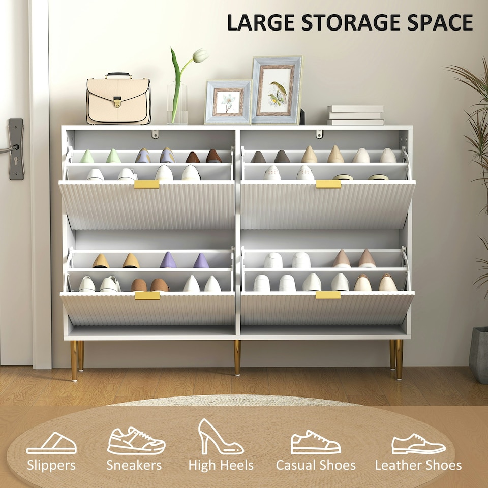 image 1 of HOMCOM Slim Shoe Storage Cabinet with 4 Flip Drawers for Hallway White