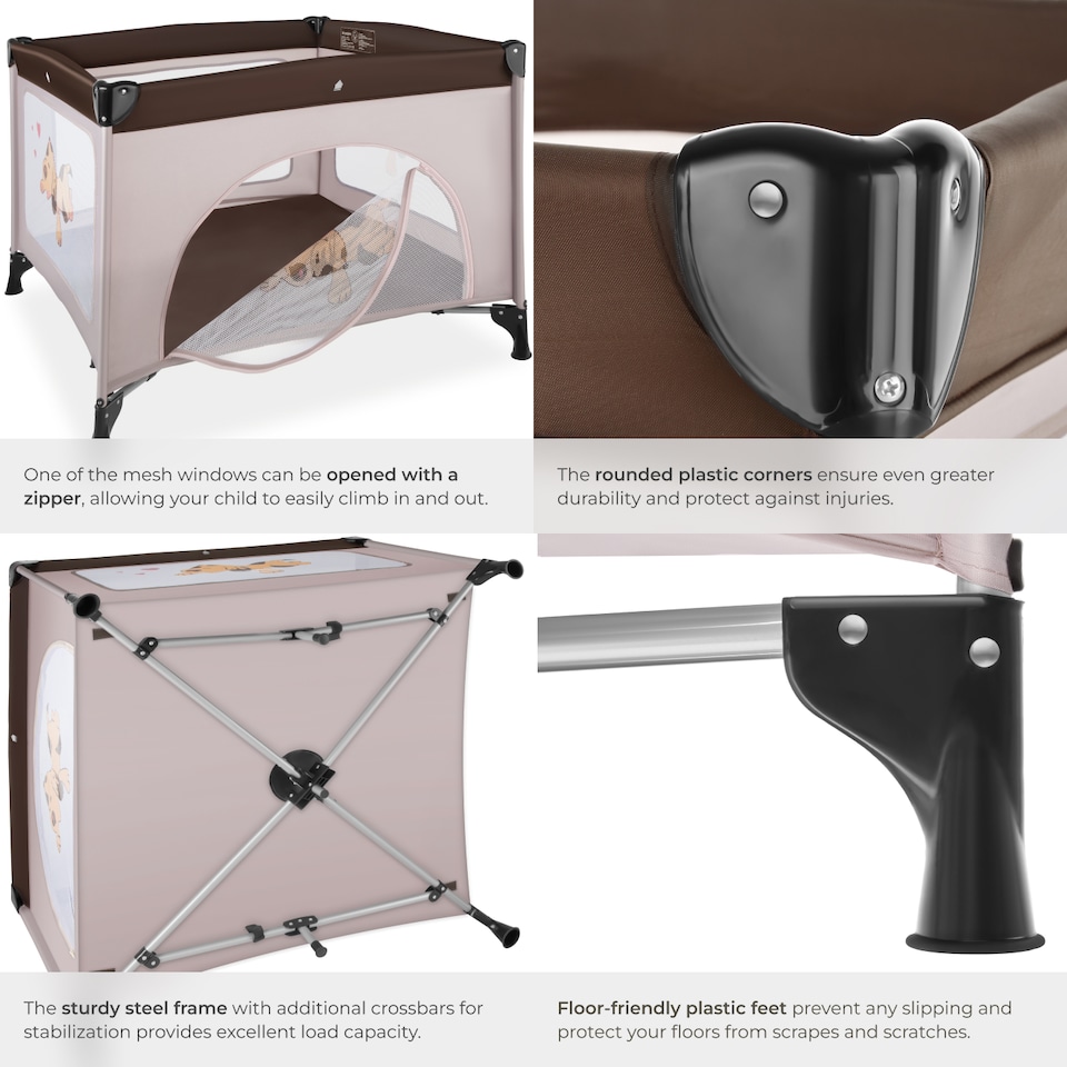 image 1 of Playpen Tommy Junior - stable, foldable, mesh with side zip opening, 105 x 105 x 78 cm | Brown | brown | 105 x 105 x 78 cm | 1