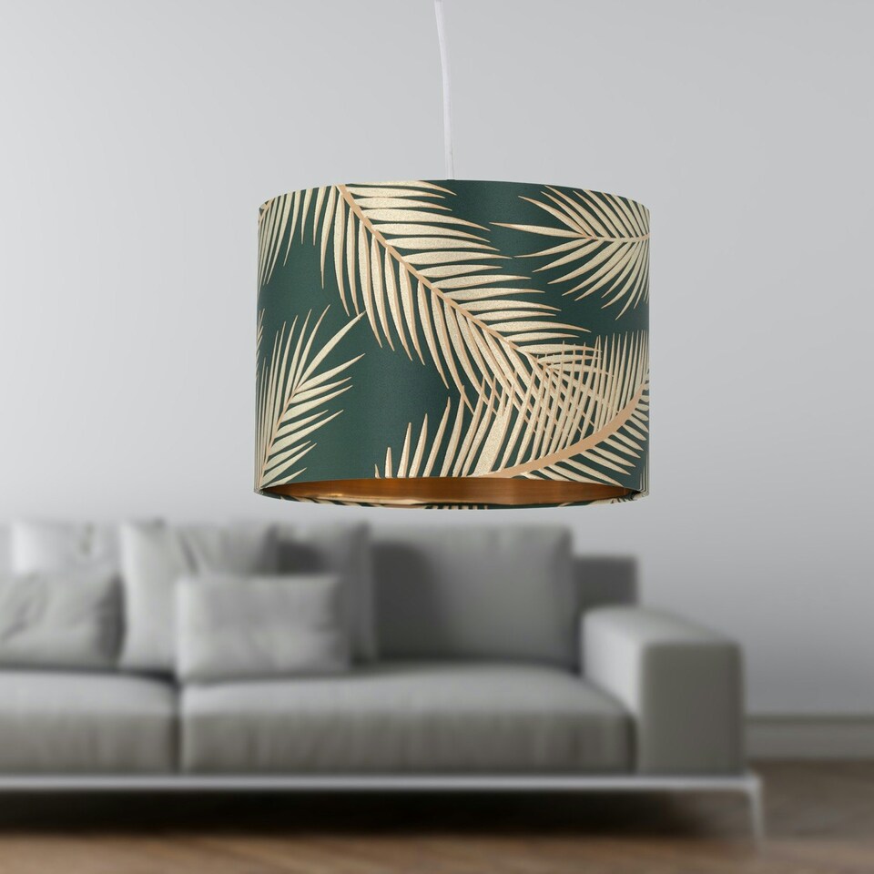 image 1 of First Choice Lighting Tropica Dark Green with Gold Embossed Leaf Detail 25cm Ceiling Pendant or Table Lamp Shade Green