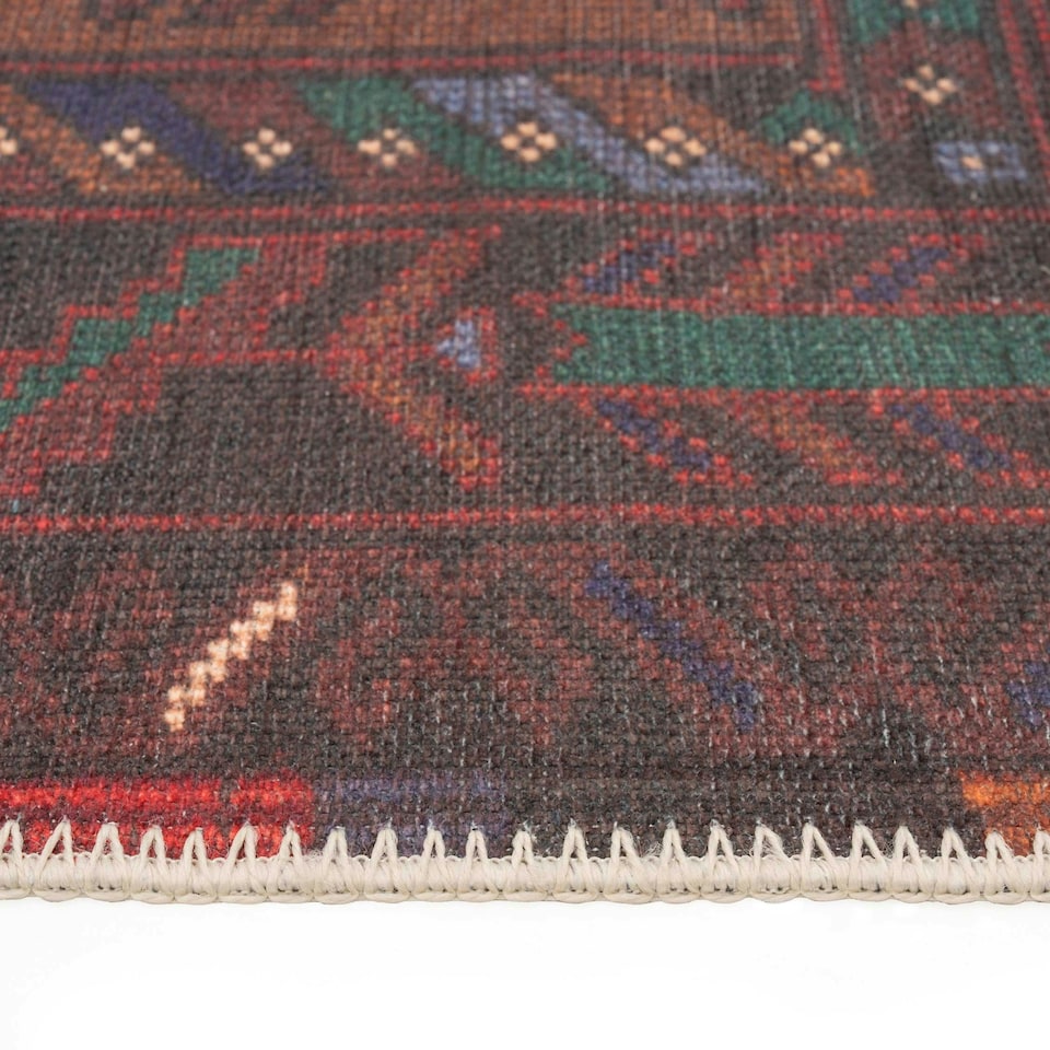 image 1 of KUKOON Deep Red Distressed Tribal Geometric Non Slip Washable Low Pile Runner Rug 60cm x 240cm Red