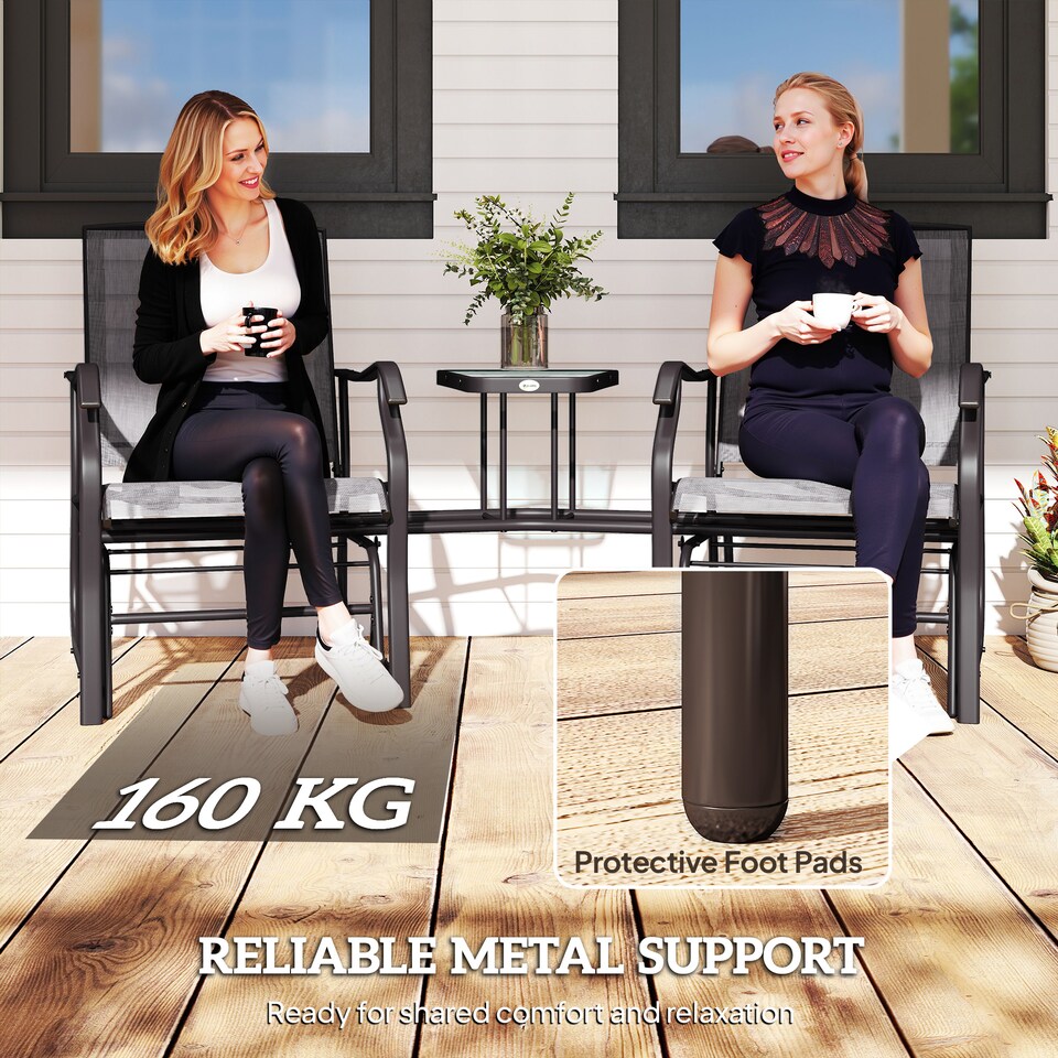 image 1 of Outsunny Outdoor Double Glider Rocking Chairs with Glass Top Middle Table, Metal Gliding Love Seat Conversation Furniture with Breathable Mesh Fabric Seat, for Garden, Patio, Grey