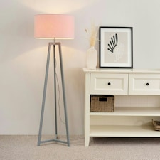 ValueLights Lottie Grey Wood Tripod Floor Lamp with Blush Pink Fabric Drum Shade