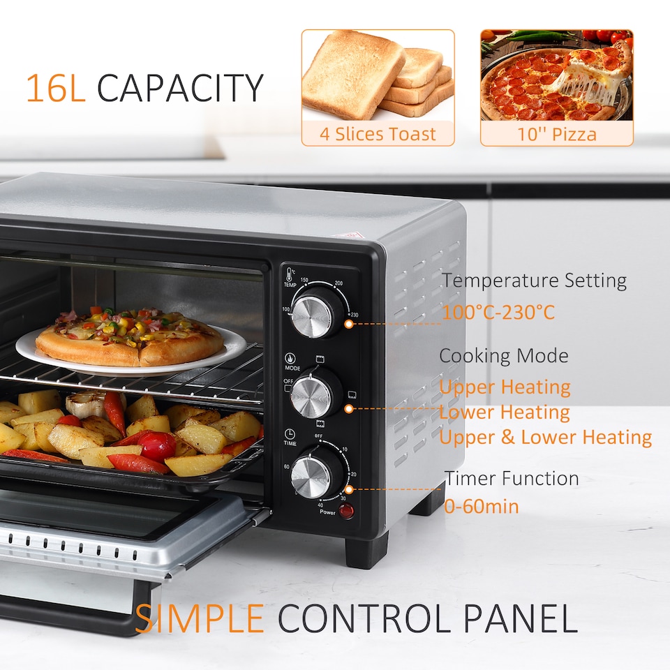 image 1 of HOMCOM Mini Oven 16L Countertop Oven w/ Adjustable Temp Timer 1400W, Silver