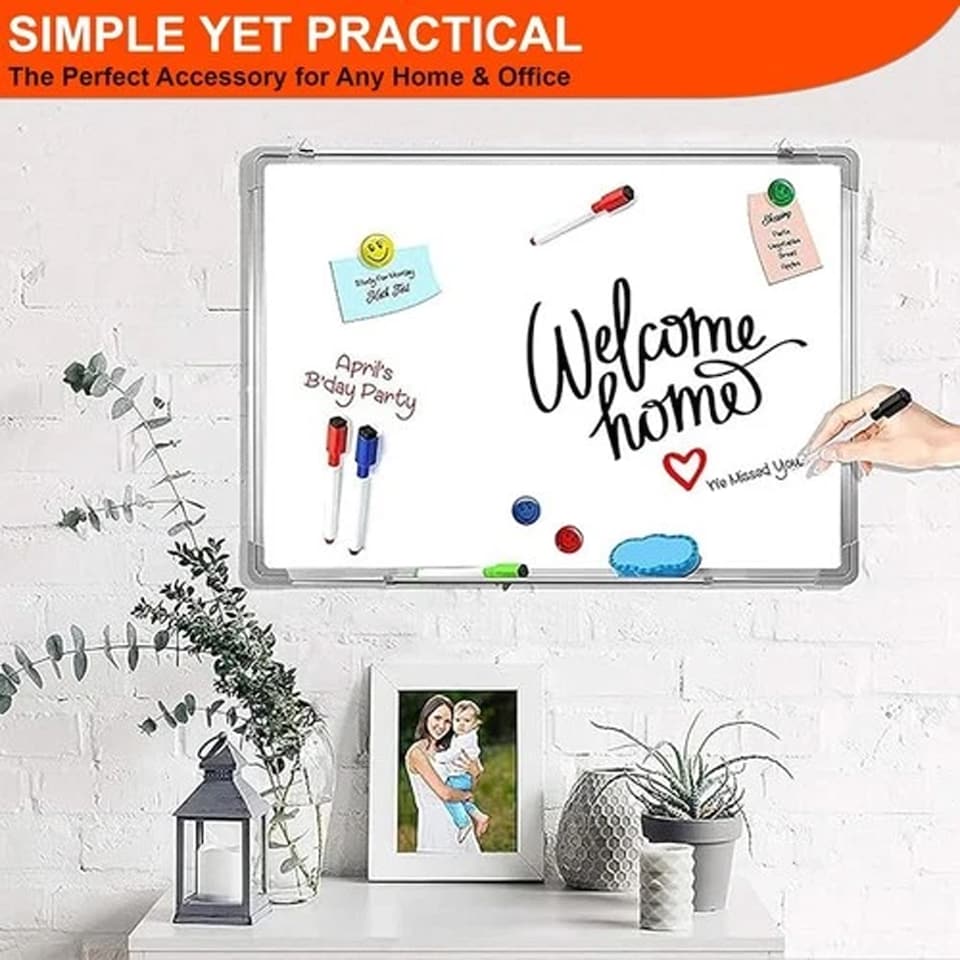 image 1 of 2x Magnetic Whiteboard 900 x 600mm Silver Aluminum Frame Lightweight Hanging Dry Wipe White Board Office, School & Home Writing