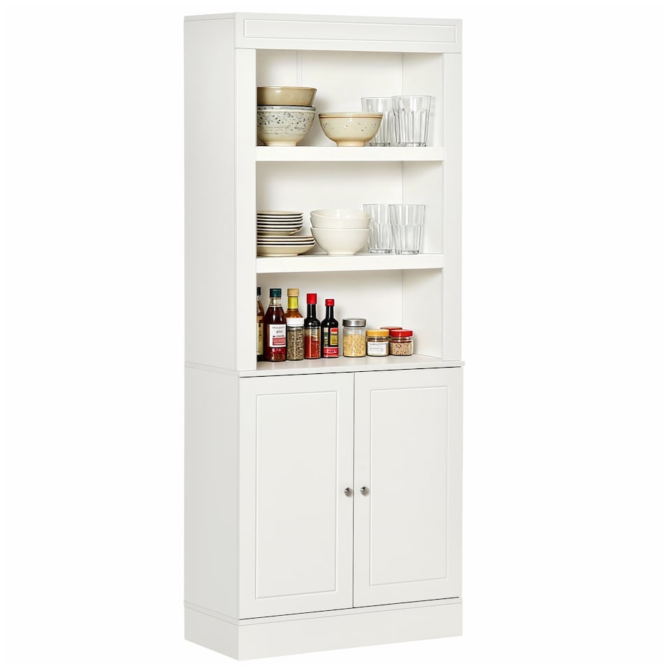 image 1 of HOMCOM Kitchen Cupboard with 6-tier Shelving, Freestanding Storage Cabinet Sideboard, Pantry Cupboard with 3 Open Compartments and Double-door Cabinet with Adjustable Shelves, White