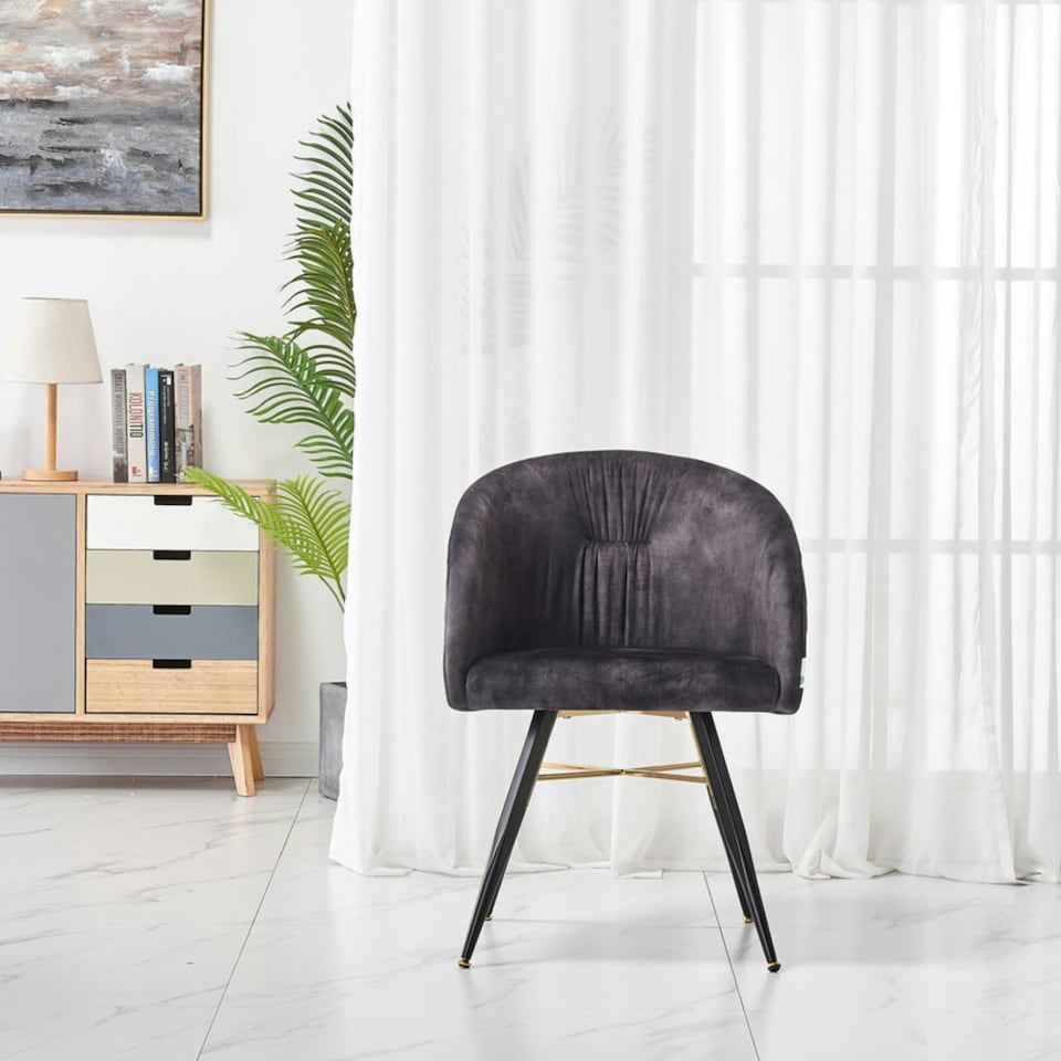 image 1 of Set of 4 Vittorio Velvet Dining Chairs with Black Metal Legs, Quilted Design Modern Accent Chair | Yellow