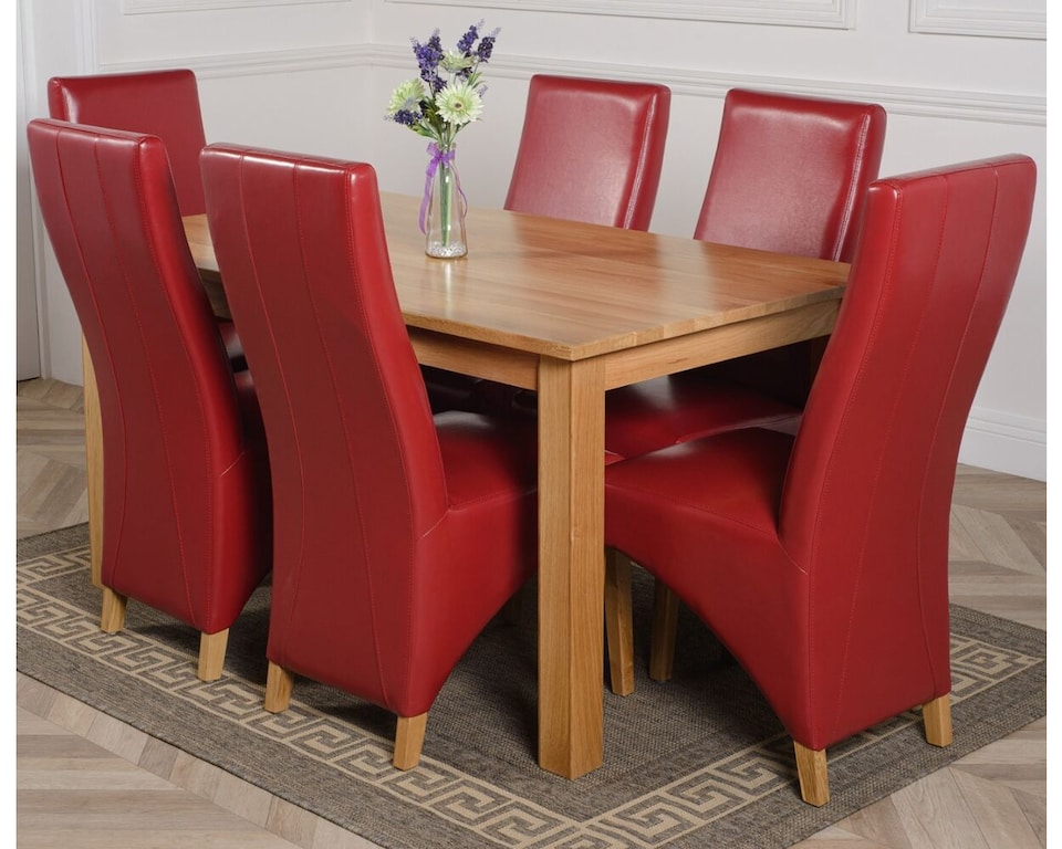 image 1 of Oslo 150 x 90 cm Medium Oak Dining Table and 6 Lola Leather Chairs | Red | Red