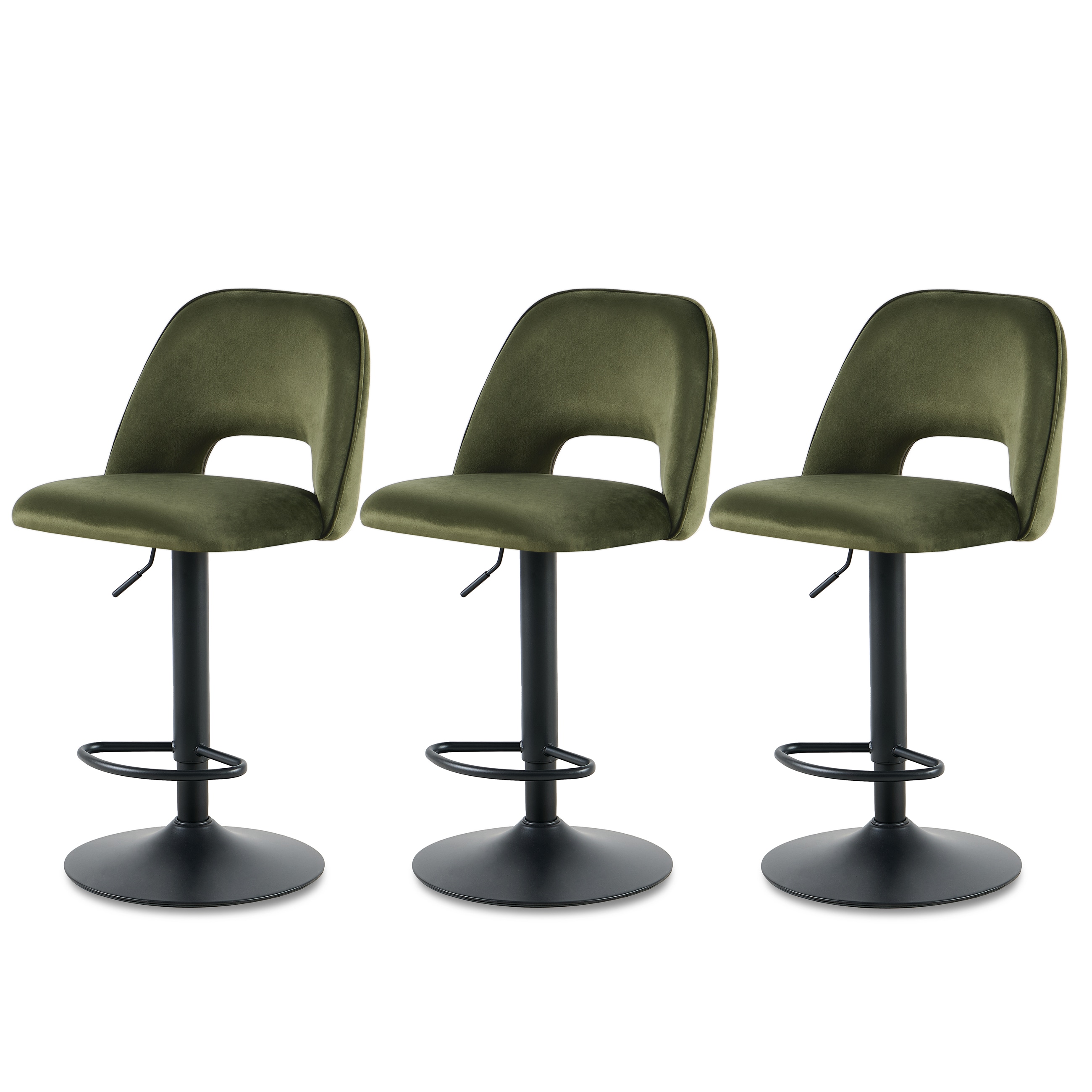 SONARA Set of 3 Adjustable Velvet Upholstered Breakfast Bar Stools | Green