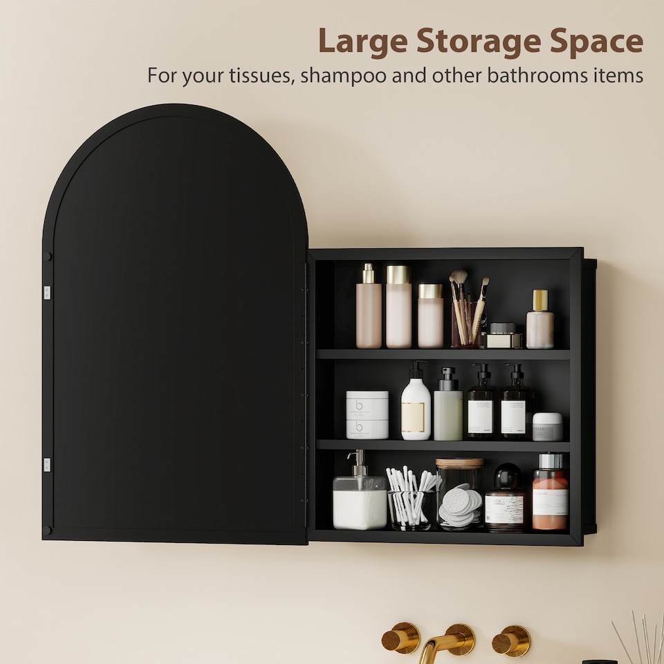 image 1 of HOMCOM Bathroom Mirror Cabinet with Mirror Arched Wall Cabinet Black | Black | Black | 50 x 12 x 76 cm