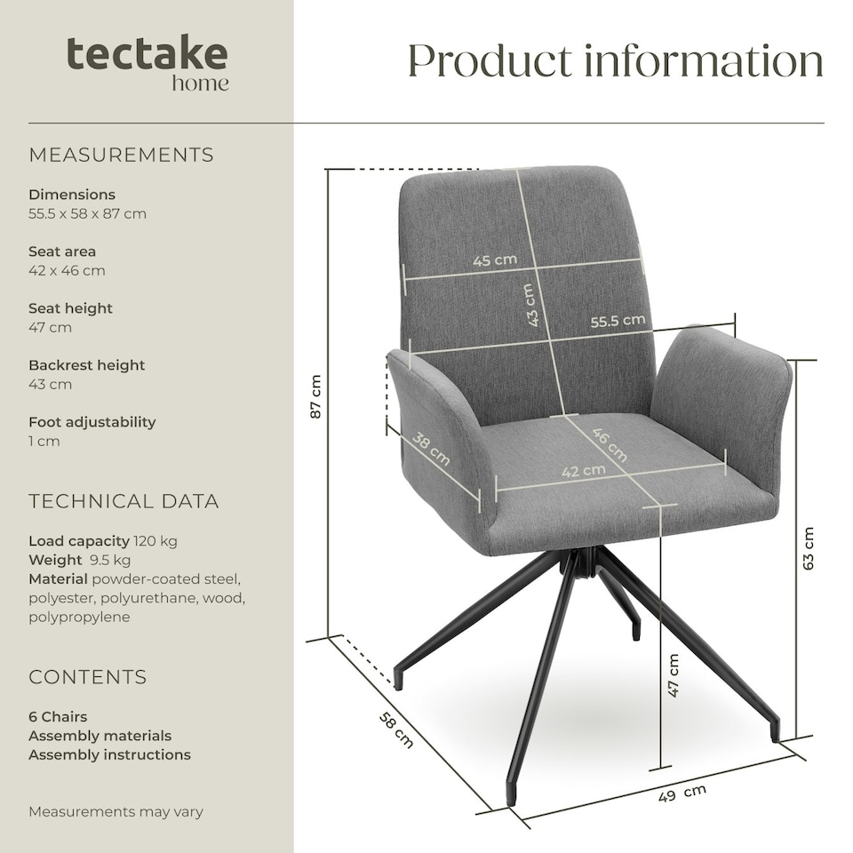 image 1 of Swivel Chair Daya - upholstered, robust fabric, 55.5 x 58 x 87 cm - Set of 6 Grey | Anthracite