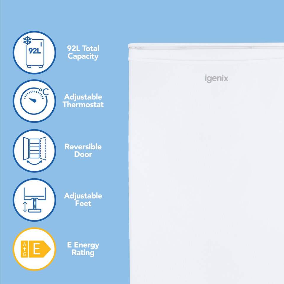image 1 of Igenix IG3960 Freestanding Larder Fridge with 92 Litre Capacity, 2 Adjustable Shelves and Salad Drawer, Reversible Door, 48 cm Wide, White