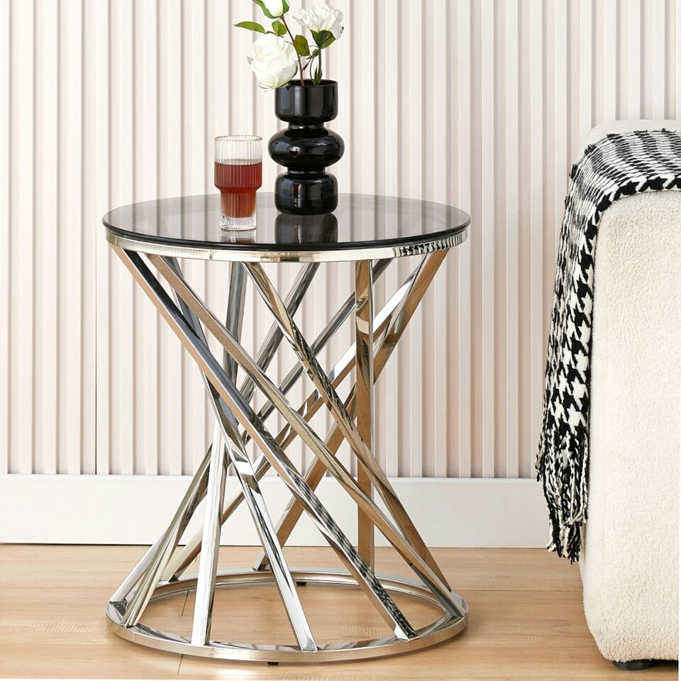 image 1 of Round Metal Lamp Or Side Table With Tinted Glass Tempered Top In Silver