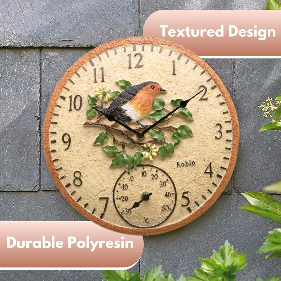 image 1 of Marco Paul 30cm Robin Garden Clocks with Thermometer N/A