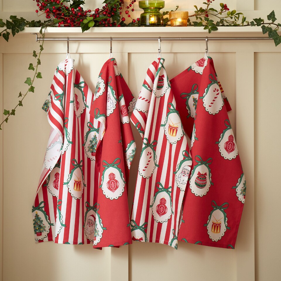 image 1 of Catherine Lansfield Christmas Vintage Stripe Cotton Kitchen Tea Towel Pack of 4