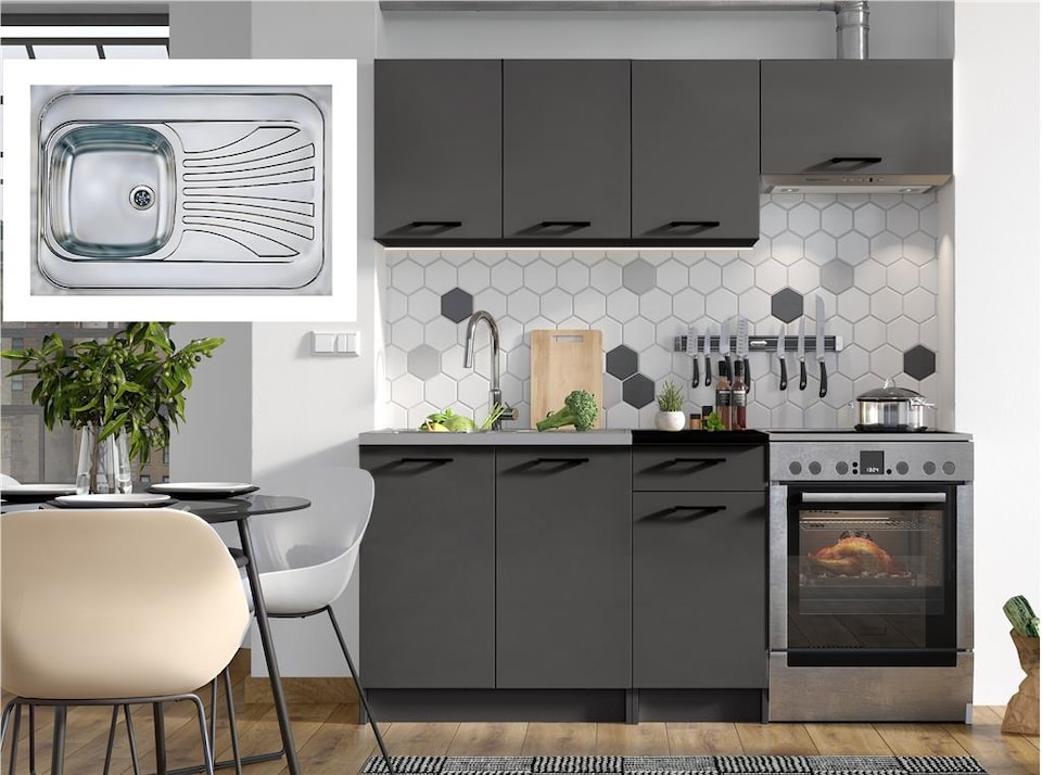 image 1 of Kitchen Cabinets 5 Unit with Sit On Sink Black Grey Complete Kitchenette 180cm DIY Set Fitted Kitchen Package with Worktop Lina