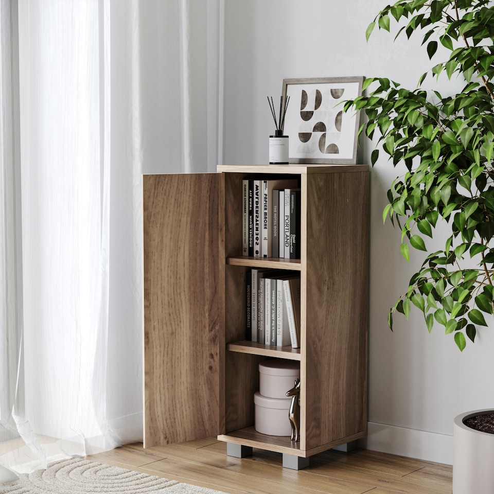 image 1 of Single Door 3-Tier Cabinet | Brown | 8.5 x 31 x 81.2 | 1