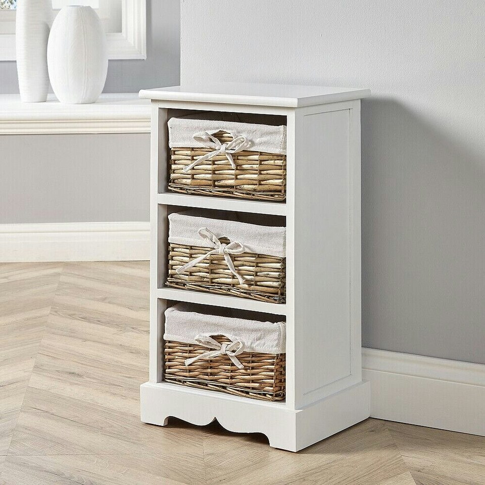 image 1 of Wooden Chest Of Drawer Storage Unit Willow Wicker Baskets Bedside Fully Assembled White | 3 Drawers