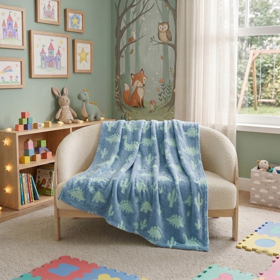 image 1 of Glow in the Dark Dinosaur Blanket Kids Dinosaur Soft Fleece Throw 100x150cm | Multi