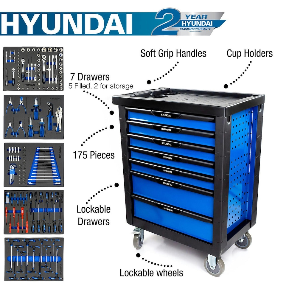 image 1 of Hyundai Tool Chest 175 Piece 7 Drawer Castor Mounted Roller Cabinet | HYTC9006 | Blue