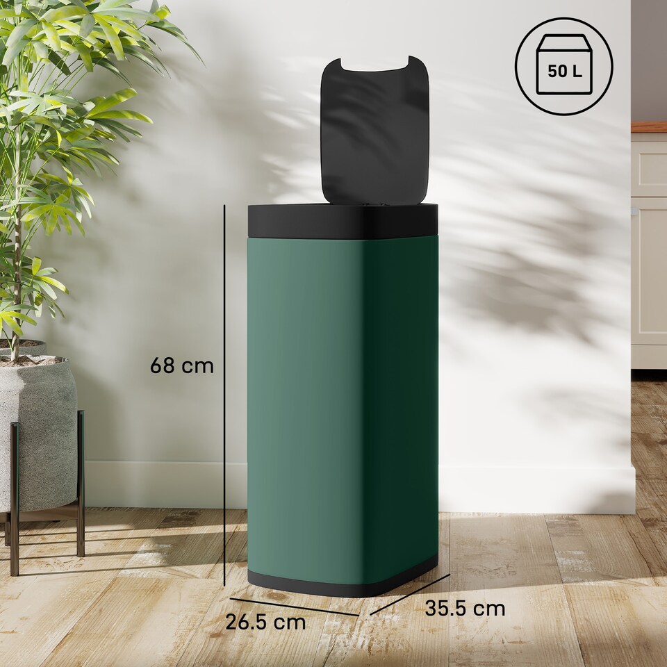 image 1 of HOMCOM 50L Sensor Bin, Touchless Kitchen Bin, Battery Operated, Dark Green