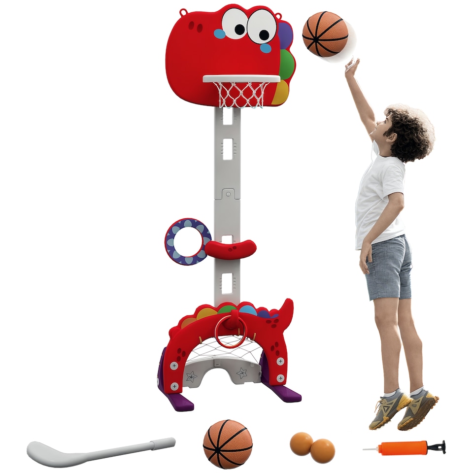 image 1 of AIYAPLAY 5-in-1 Basketball Set with Adjustable 96-130 cm Height, Red