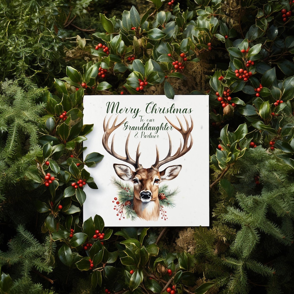 image 1 of Festive Stag - Granddaughter & Partner - Plantable Wildflower Seed Christmas Card
