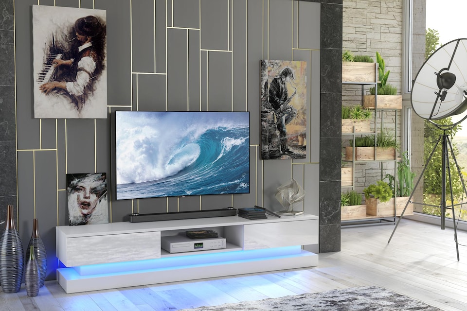 image 1 of TV Unit TV Stand Media Cabinet Sideboard Grey High Gloss Doors LED 180cm