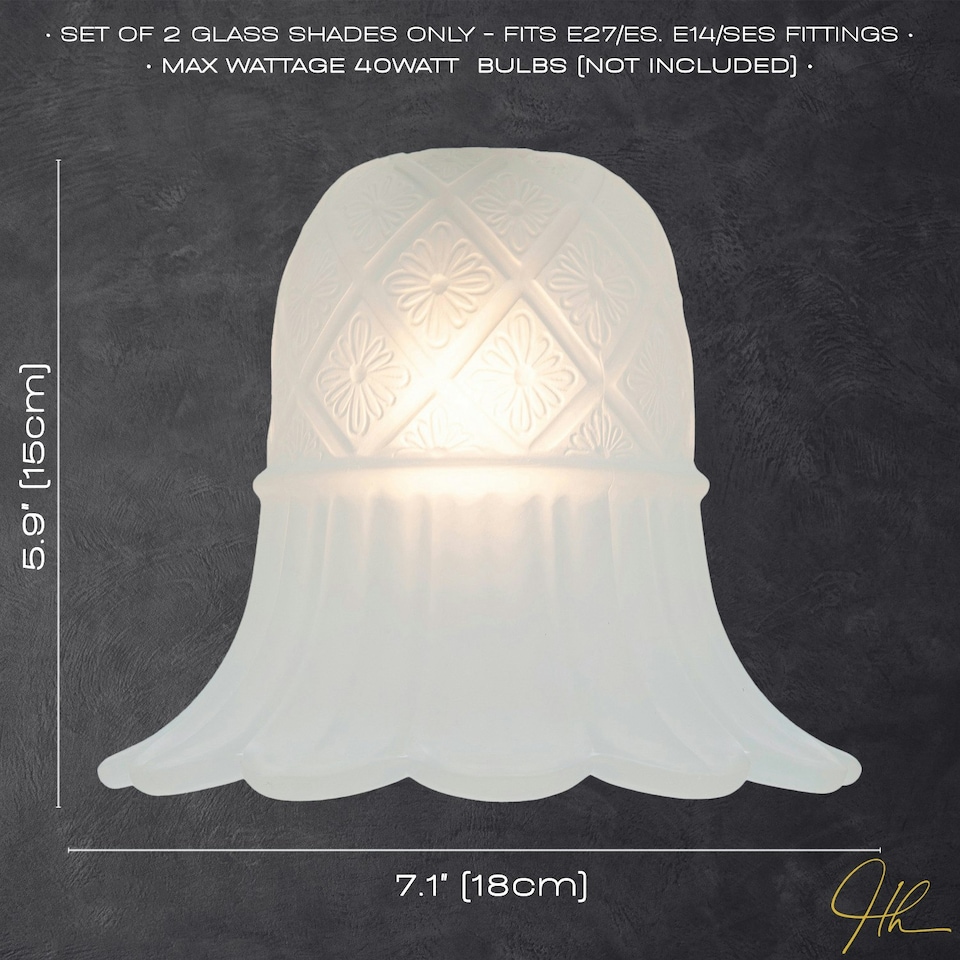 image 1 of Pair of Frosted White Floral Glass Shades with Ribbed Petal Trim for E14 and E27