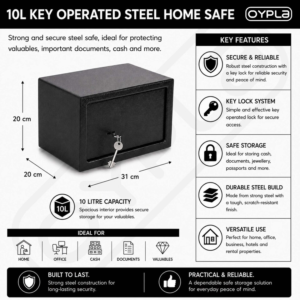 image 1 of 10L Key Operated Steel Safe Box Security Home Office