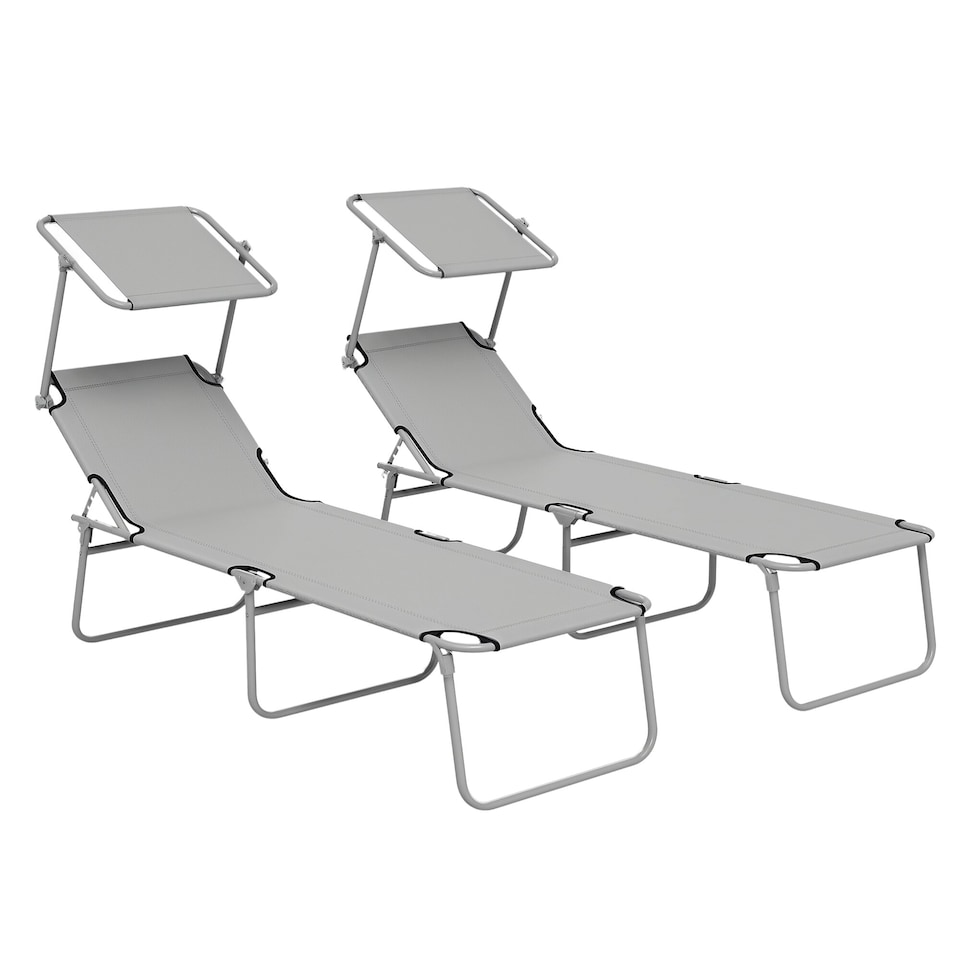 image 1 of Outsunny Folding Sun Lounger Set of 2 w/ Sunshade Adjustable Backrest Light Grey