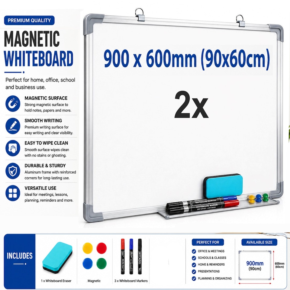 image 1 of 2x Magnetic Whiteboard 900 x 600mm Silver Aluminum Frame Lightweight Hanging Dry Wipe White Board Office, School & Home Writing