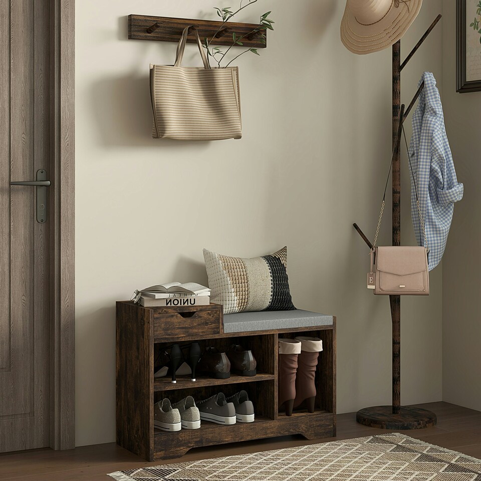 image 1 of HOMCOM Upholstered Entryway Shoe Bench with Storage Drawer Open Shelf Brown Brown