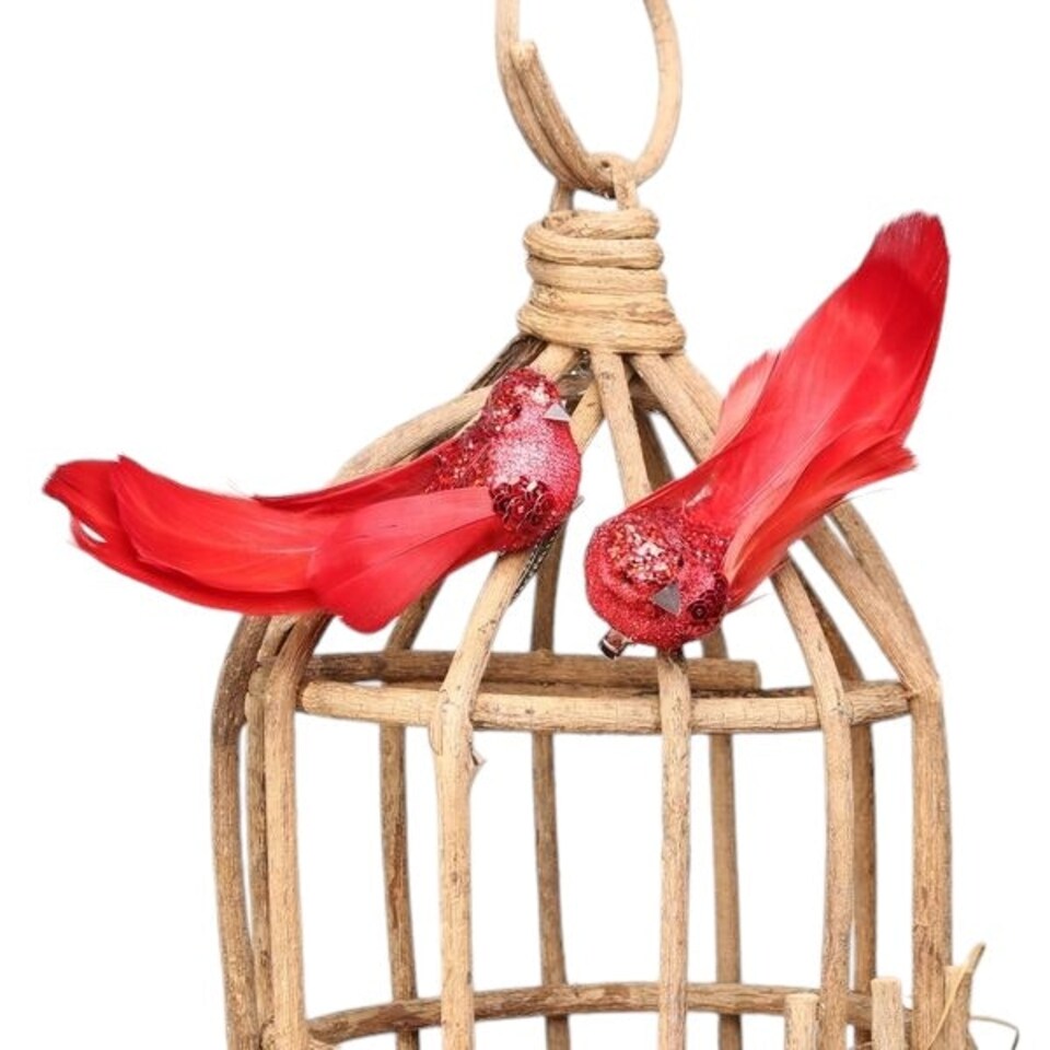 image 1 of Pair of Red Decorative Glitter Birds With Clip - 13cm