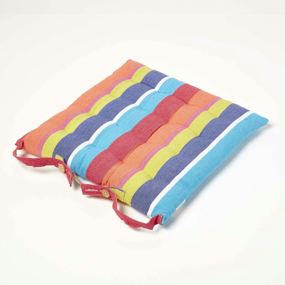 image 1 of Homescapes 4 x Seat Pads Luxury Cotton Stripe Indoor Outdoor Garden Dining Cushion | Multi | 40 x 40 cm | 4