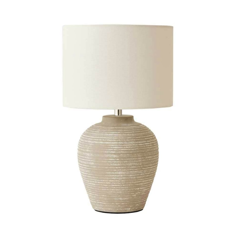 image 1 of ValueLights Reid Linen Drum Lamp Shade Stone Grey Ribbed Ceramic Small Table Lamp | Grey
