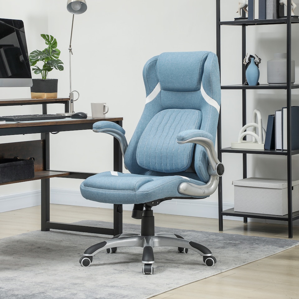 image 1 of Vinsetto Executive Office Chair, Fabric High Back Office Desk Chair with Flip-up Armrests, Adjustable Lumbar Support and Tilt Function, Blue