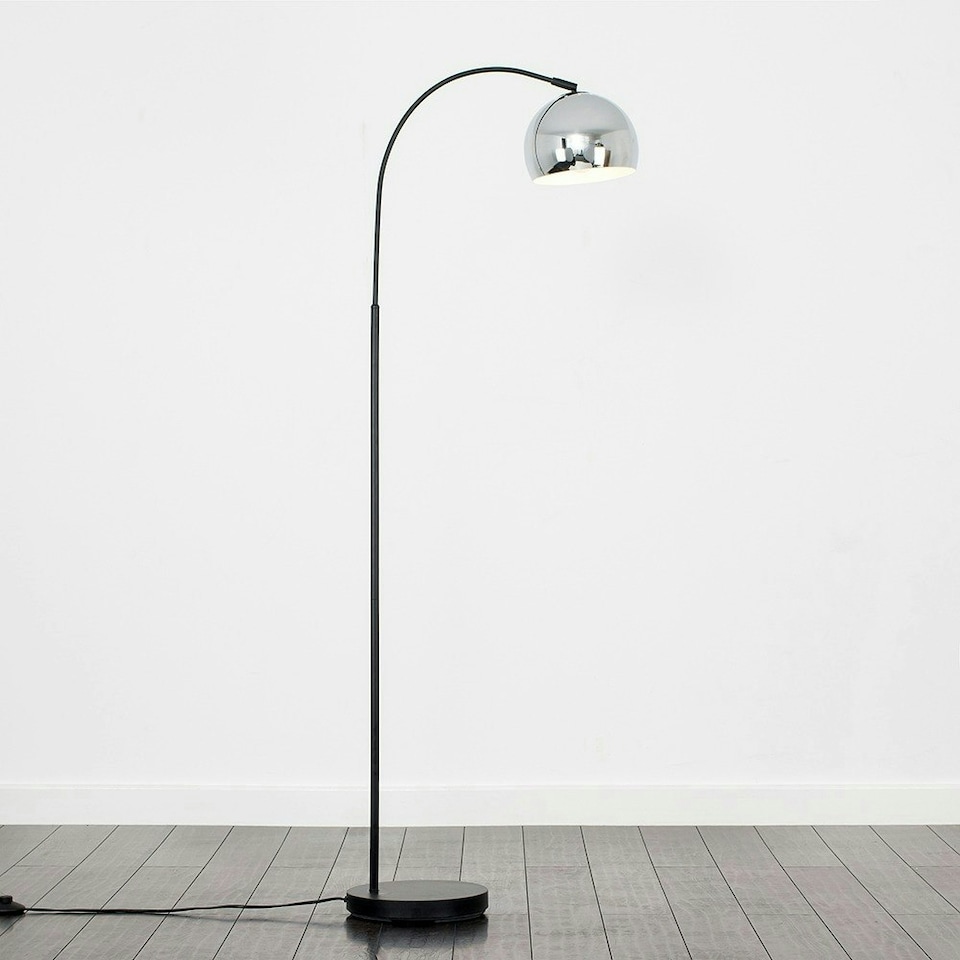 image 1 of ValueLights Curva Gloss Black Floor Lamp with Silver Dome Shade and LED Bulb