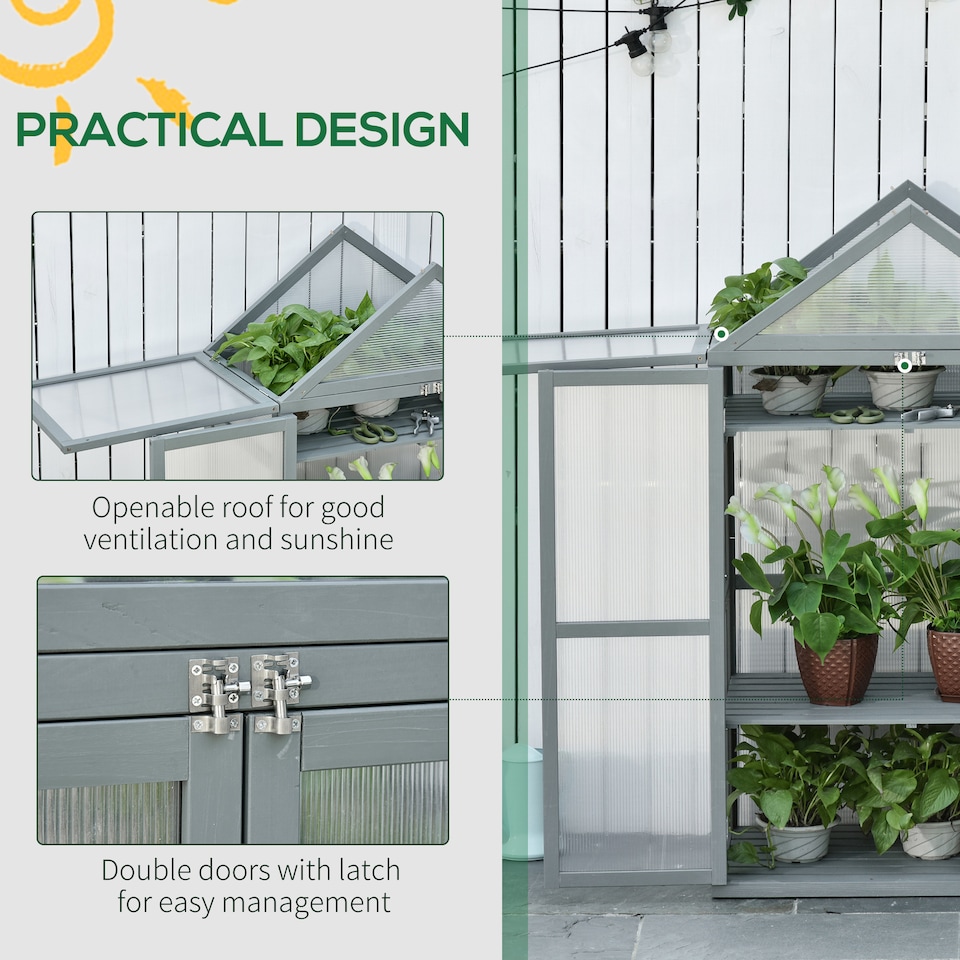 image 1 of Outsunny 80x47x138cm Wood Cold Frame Greenhouse for Plants PC Board Grey | Grey