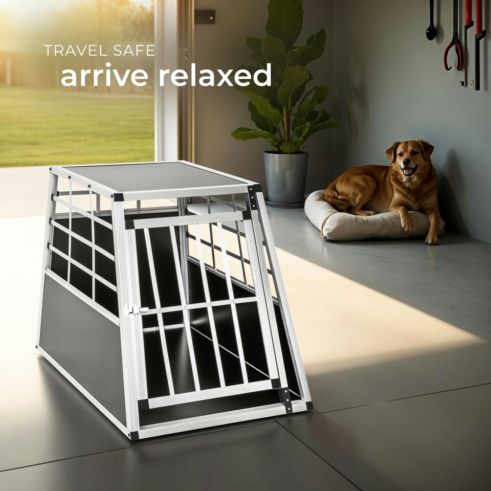 image 1 of Aluminium Pet Car Crate Travel Cage Dog Puppy Cat Transport Kennel 2 sizes - 90x65x69.5cm