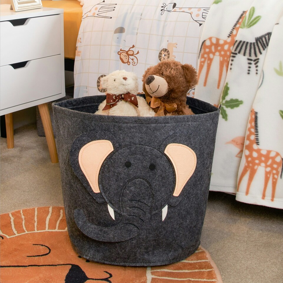 image 1 of OHS Kids Round Elephant Felt Toy Storage Organiser Basket - Charcoal